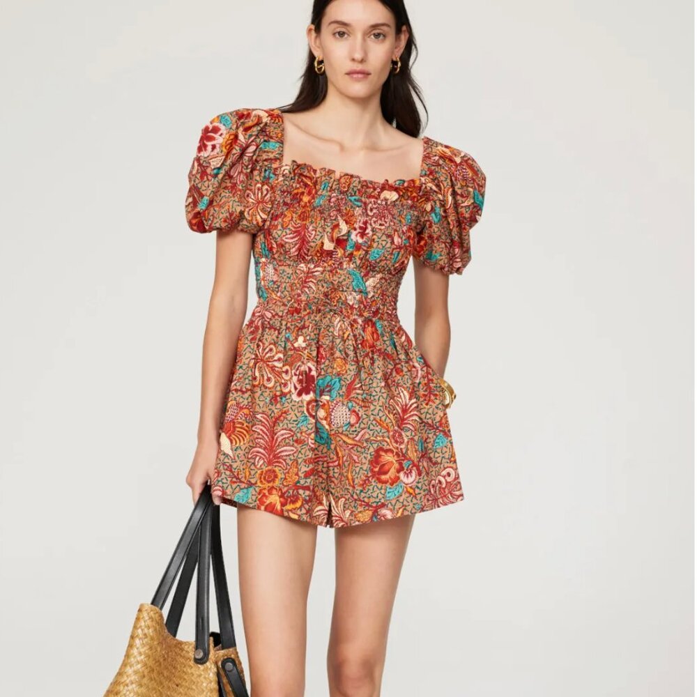 Ulla Johnson NEW Arlo Smocked Playsuit Hibiscus Floral Cotton Poplin Romper 4